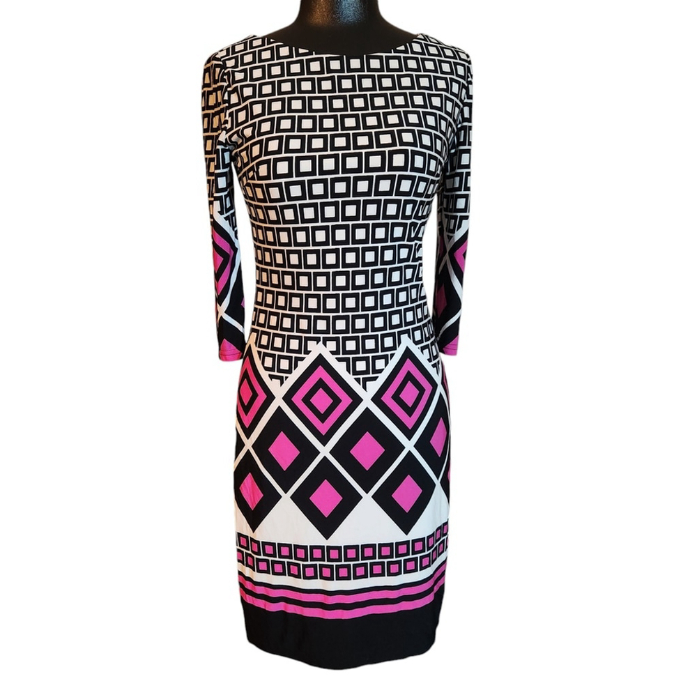 Joseph Ribkoff Pink Black Geometric Sheath Dress Size 4